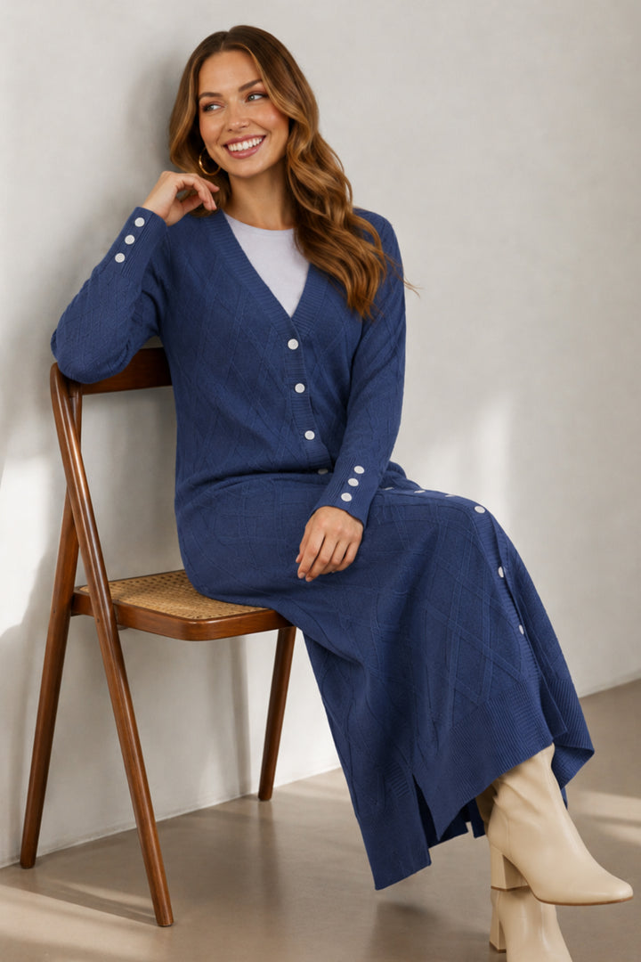 BNG Women Desenli Uzun Merserize Hırka N3295 İndigo - Grand Island
