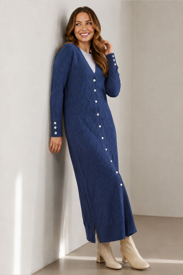 BNG Women Desenli Uzun Merserize Hırka N3295 İndigo - Grand Island