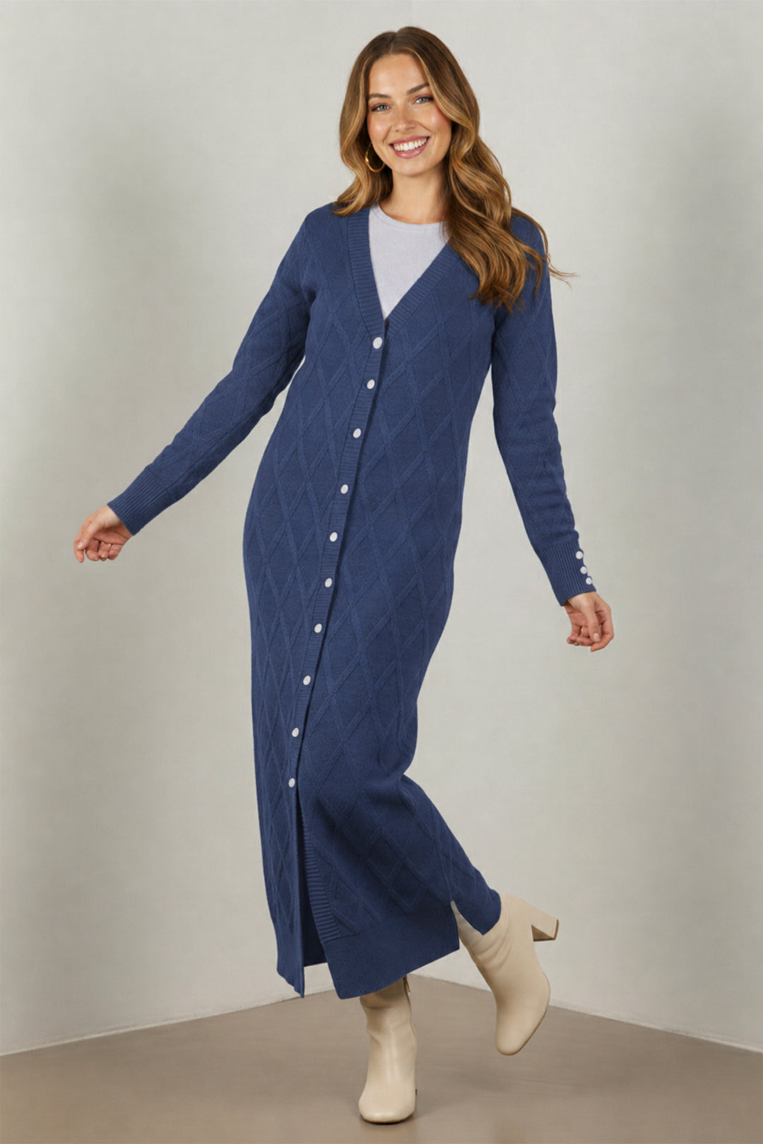 BNG Women Desenli Uzun Merserize Hırka N3295 İndigo - Grand Island
