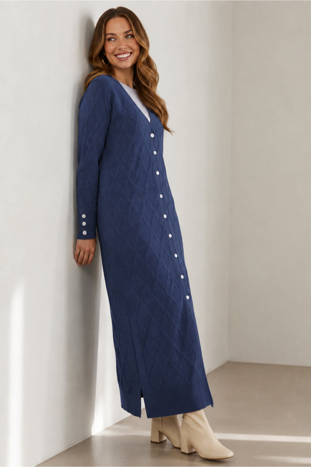 BNG Women Desenli Uzun Merserize Hırka N3295 İndigo - Grand Island