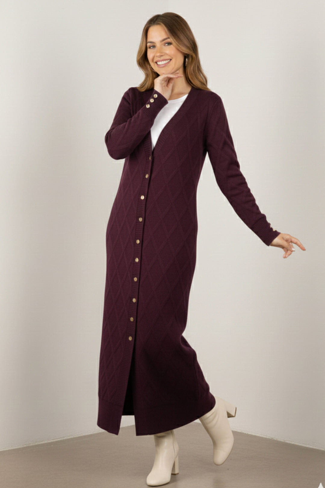 BNG Women Desenli Uzun Merserize Hırka N3295 Mürdüm - Denver