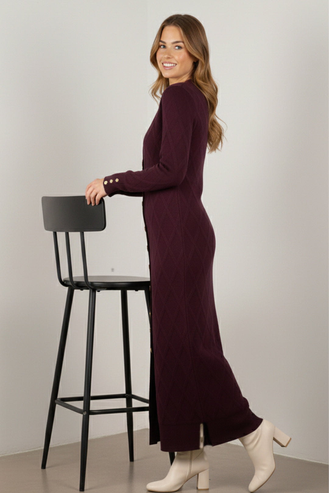 BNG Women Desenli Uzun Merserize Hırka N3295 Mürdüm - Denver