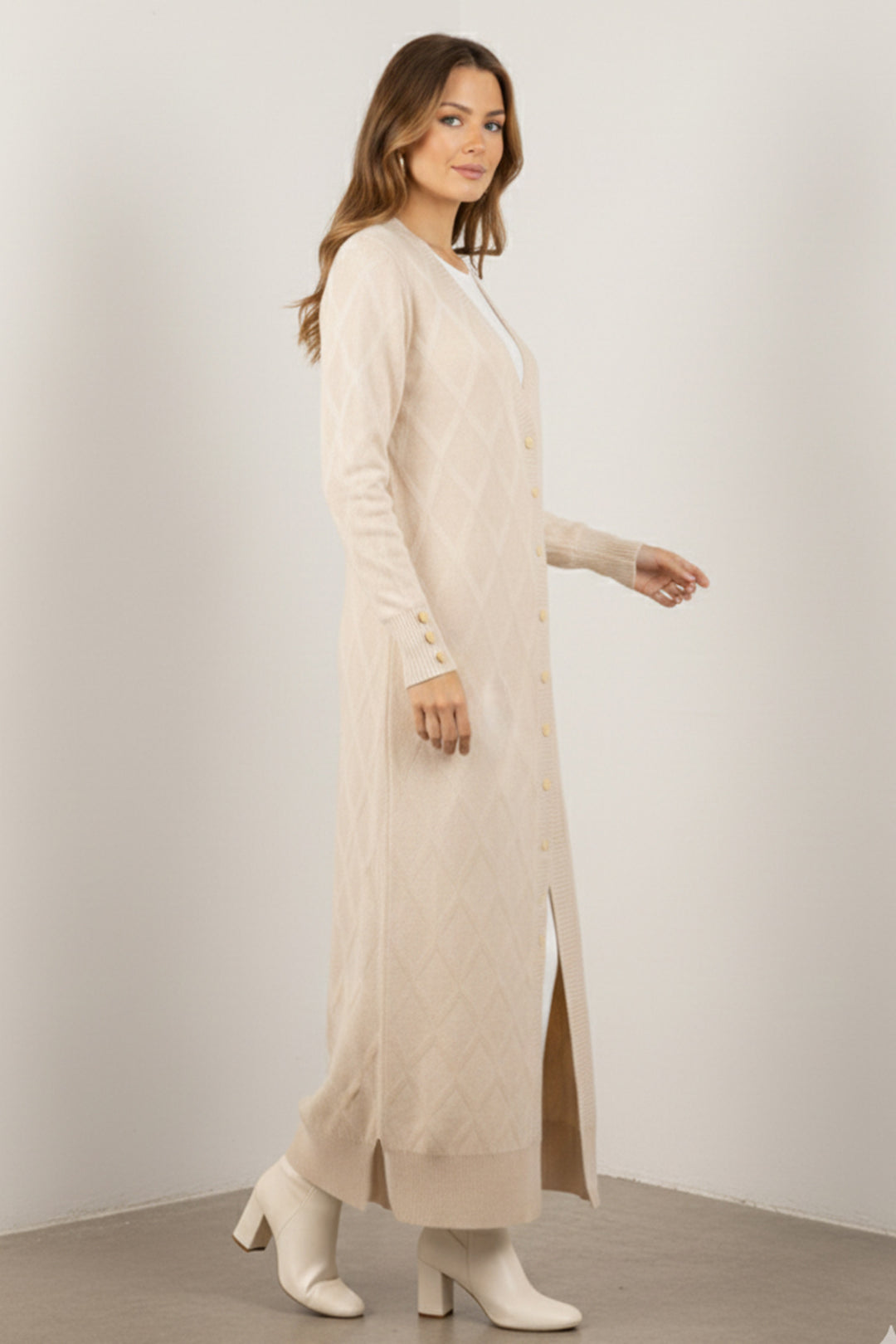 BNG Women Patterned Long Mercerized Cardigan N3295 Stone Color - Auxerre