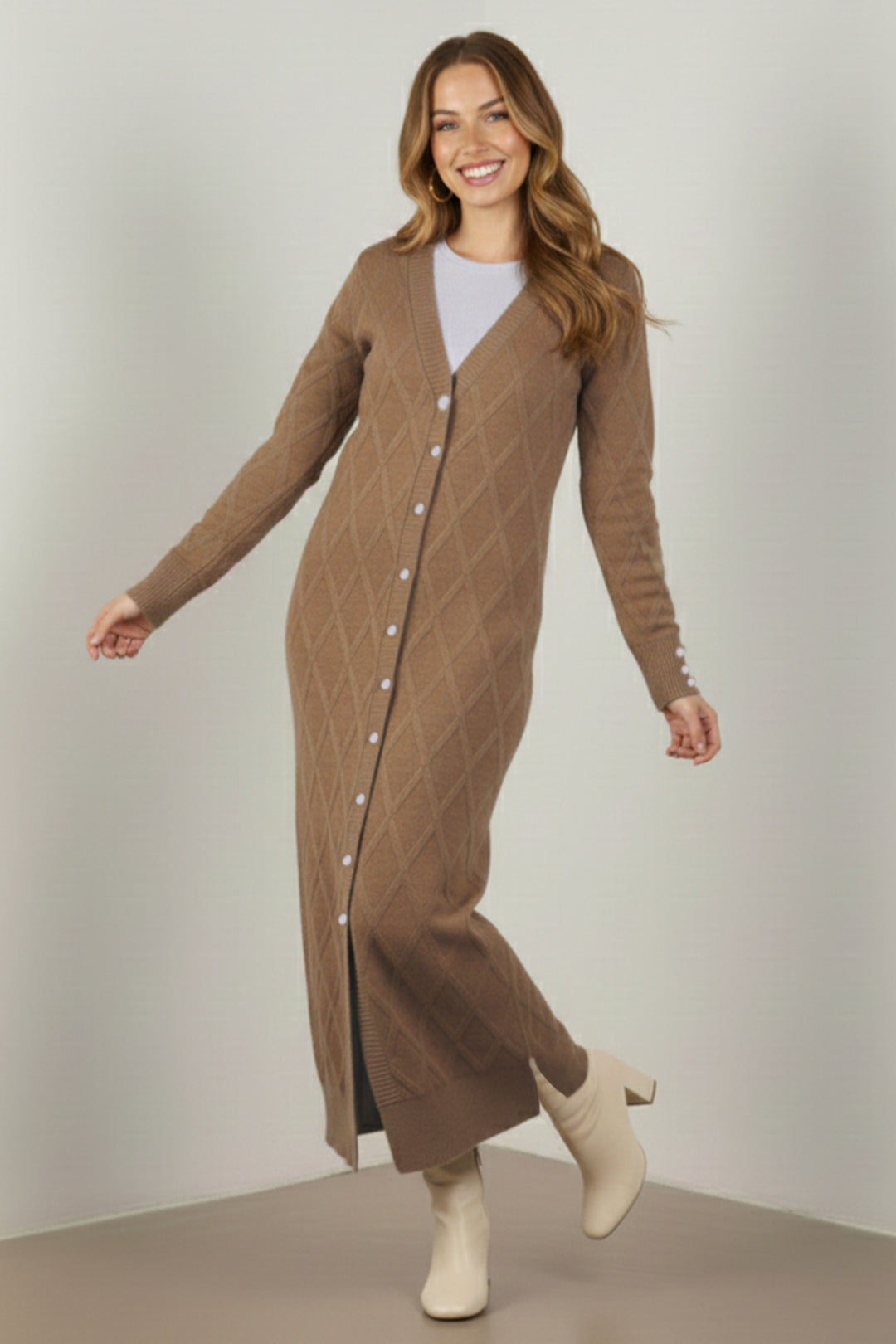BNG Women Desenli Uzun Merserize Hırka N3295 Vizon - Florin
