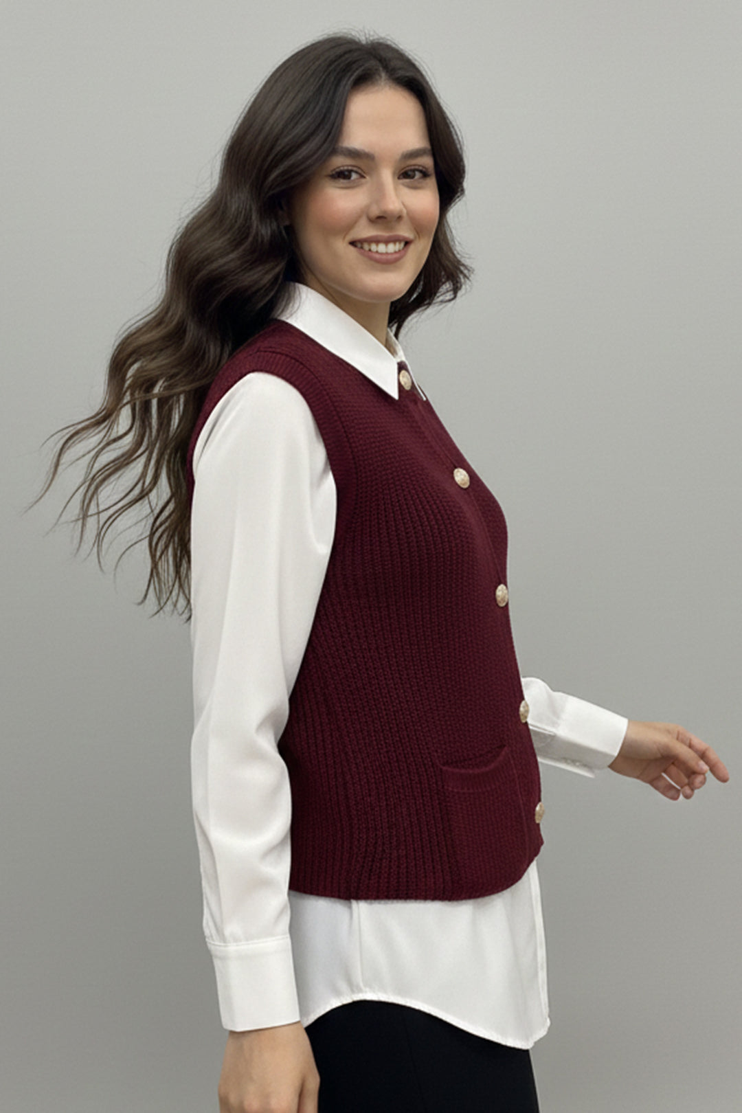 BNG Women Pocket Sweater Vest N495 Burgundy - Leighton Buzzard