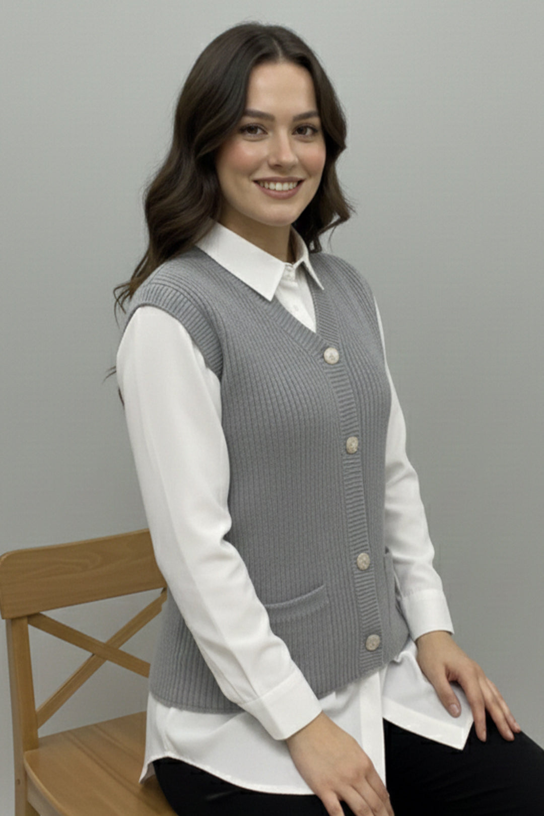 BNG Women Cepli Triko Yelek N495 Gri - Margate