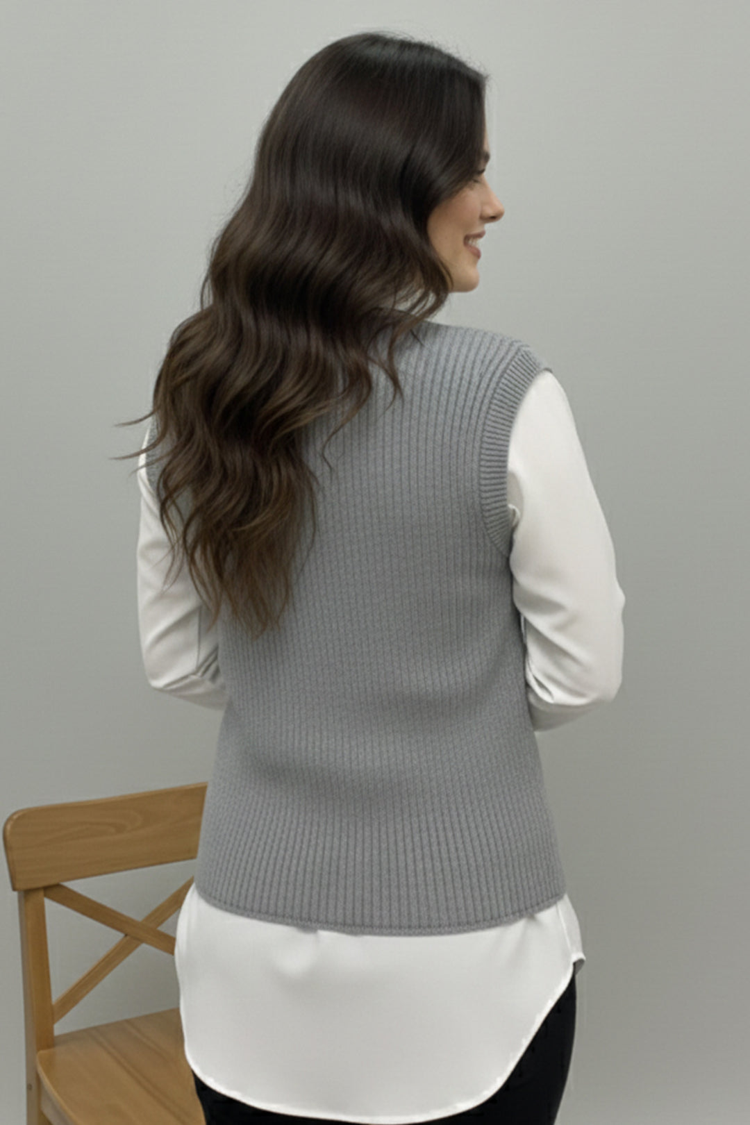 BNG Women Cepli Triko Yelek N495 Gri - Margate