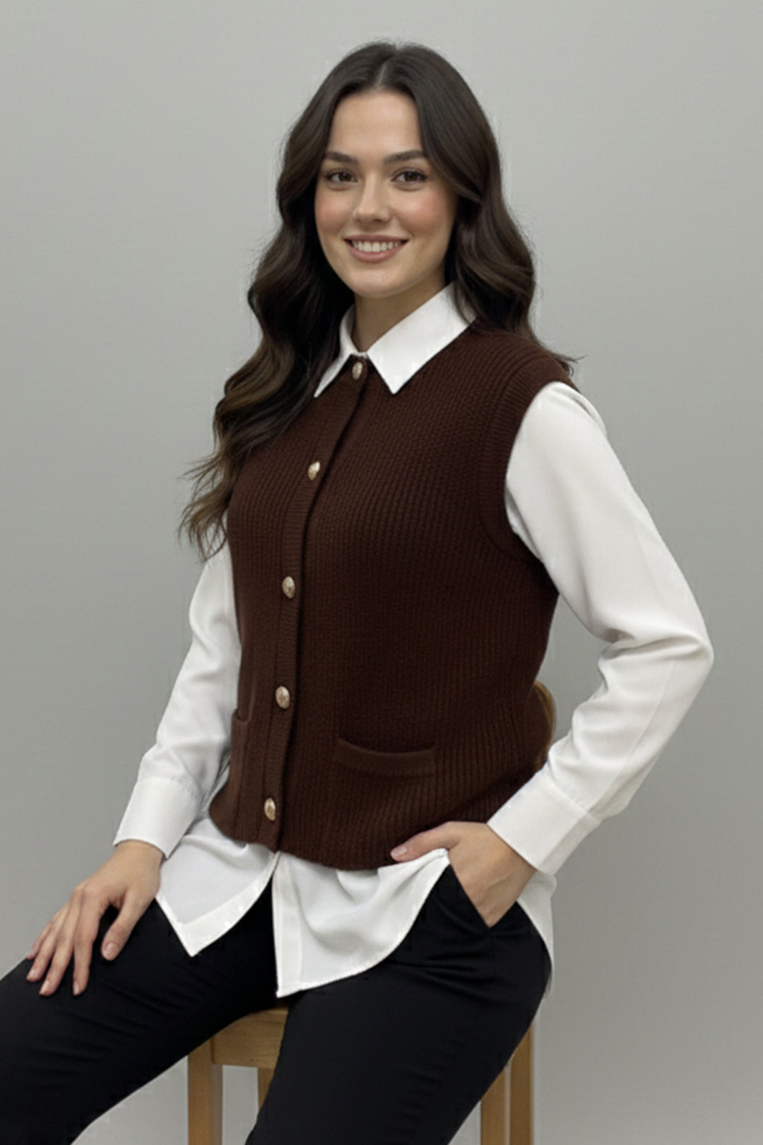 BNG Women Pocket Sweater Vest N495 Brown - Brownsville