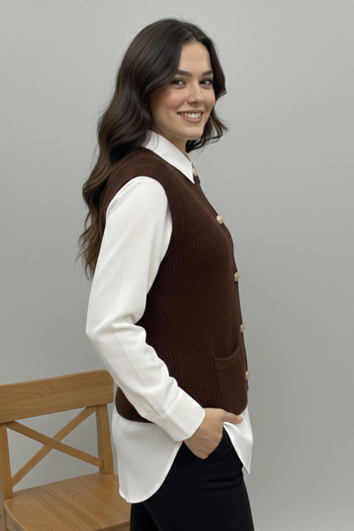BNG Women Pocket Sweater Vest N495 Brown - Brownsville