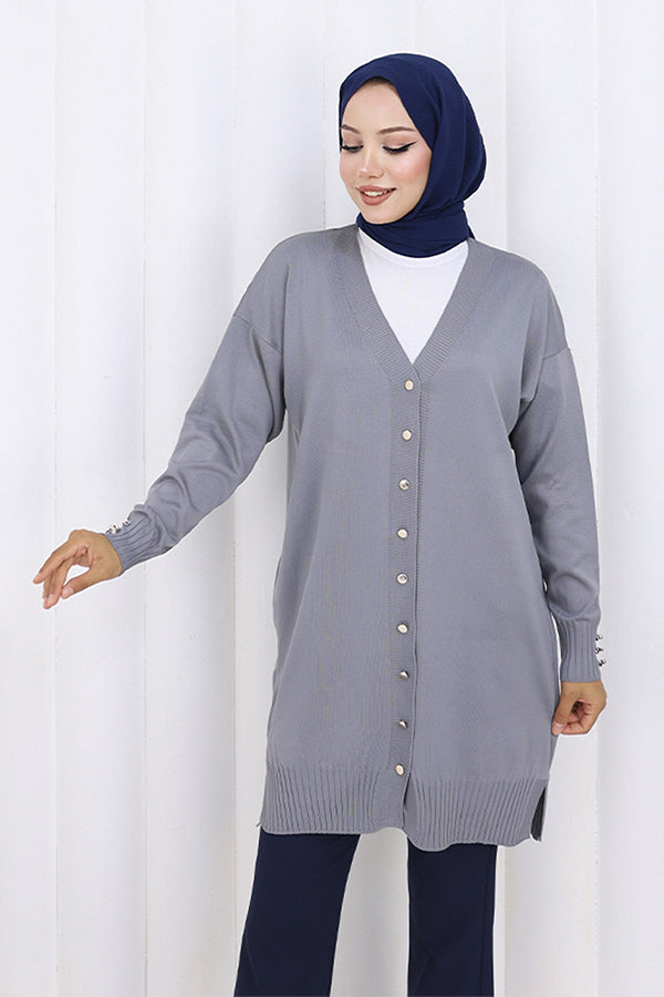 BNG Women Düğmeli Uzun Merserize Hırka N3176 Gri - East Brunswick