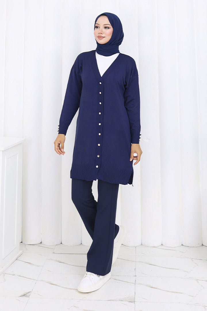 BNG Women Buttoned Long Mercerized Cardigan N3176 Navy - Metz