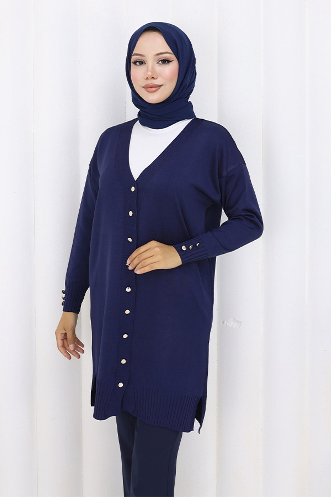 BNG Women Buttoned Long Mercerized Cardigan N3176 Navy - Metz
