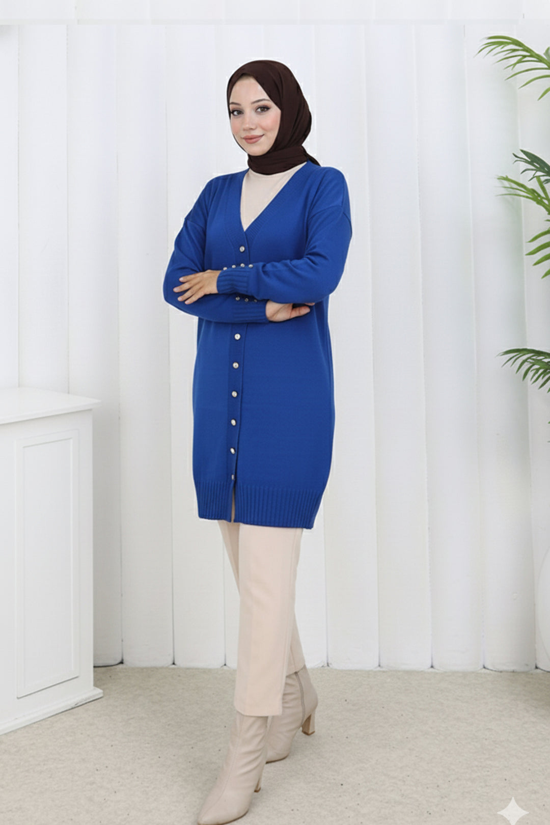 BNG Women Düğmeli Uzun Merserize Hırka N3176 Saks Mavisi - Coconut Creek