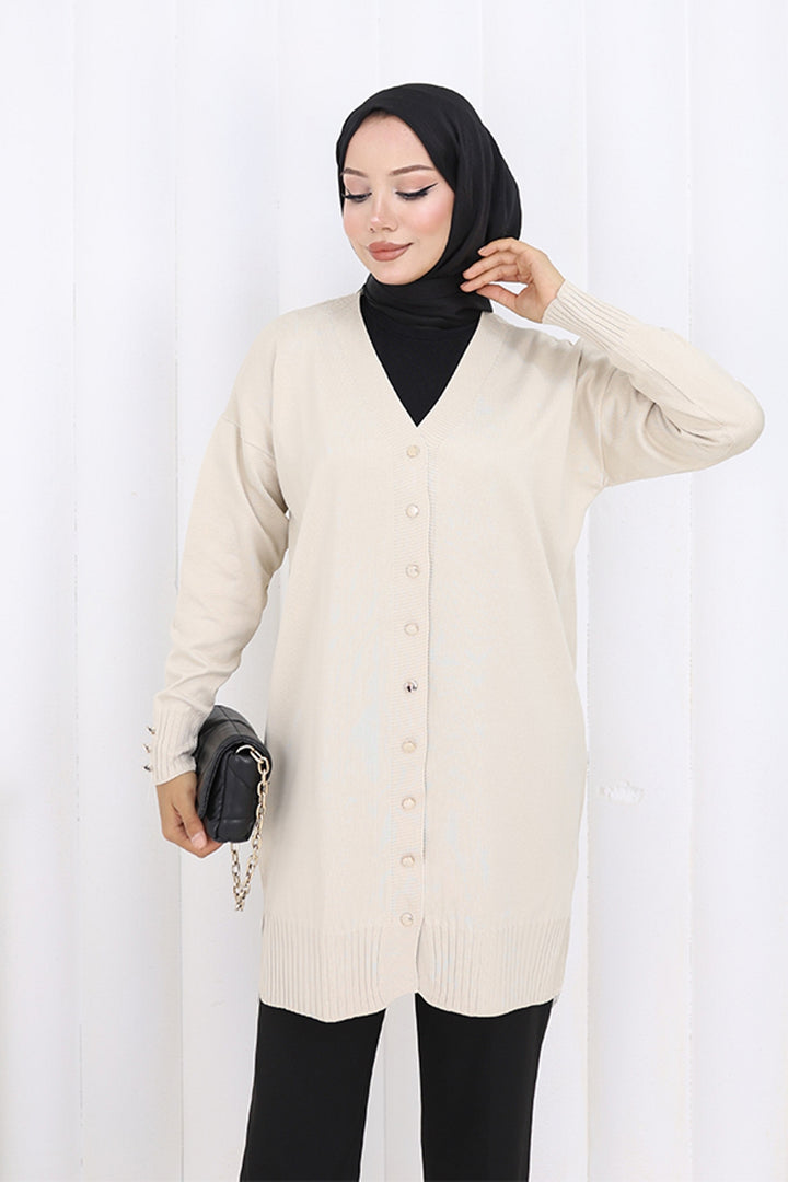 BNG Women Düğmeli Uzun Merserize Hırka N3176 Taş Rengi - Formia