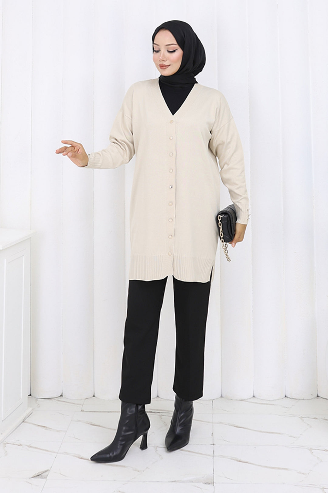 BNG Women Düğmeli Uzun Merserize Hırka N3176 Taş Rengi - Formia