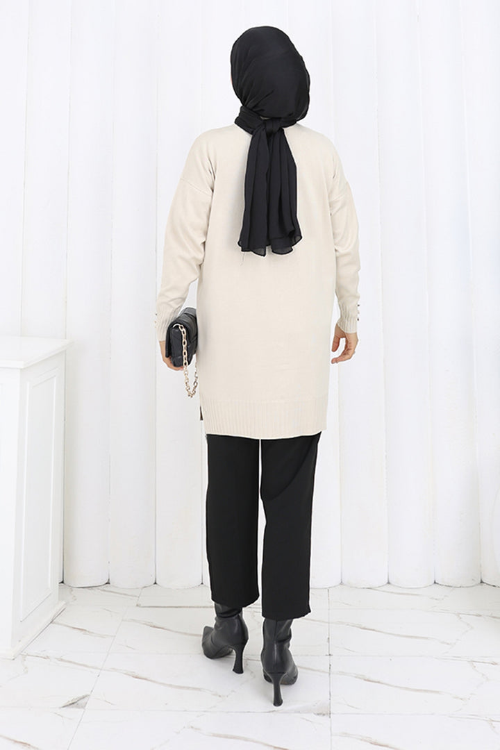 BNG Women Düğmeli Uzun Merserize Hırka N3176 Taş Rengi - Formia