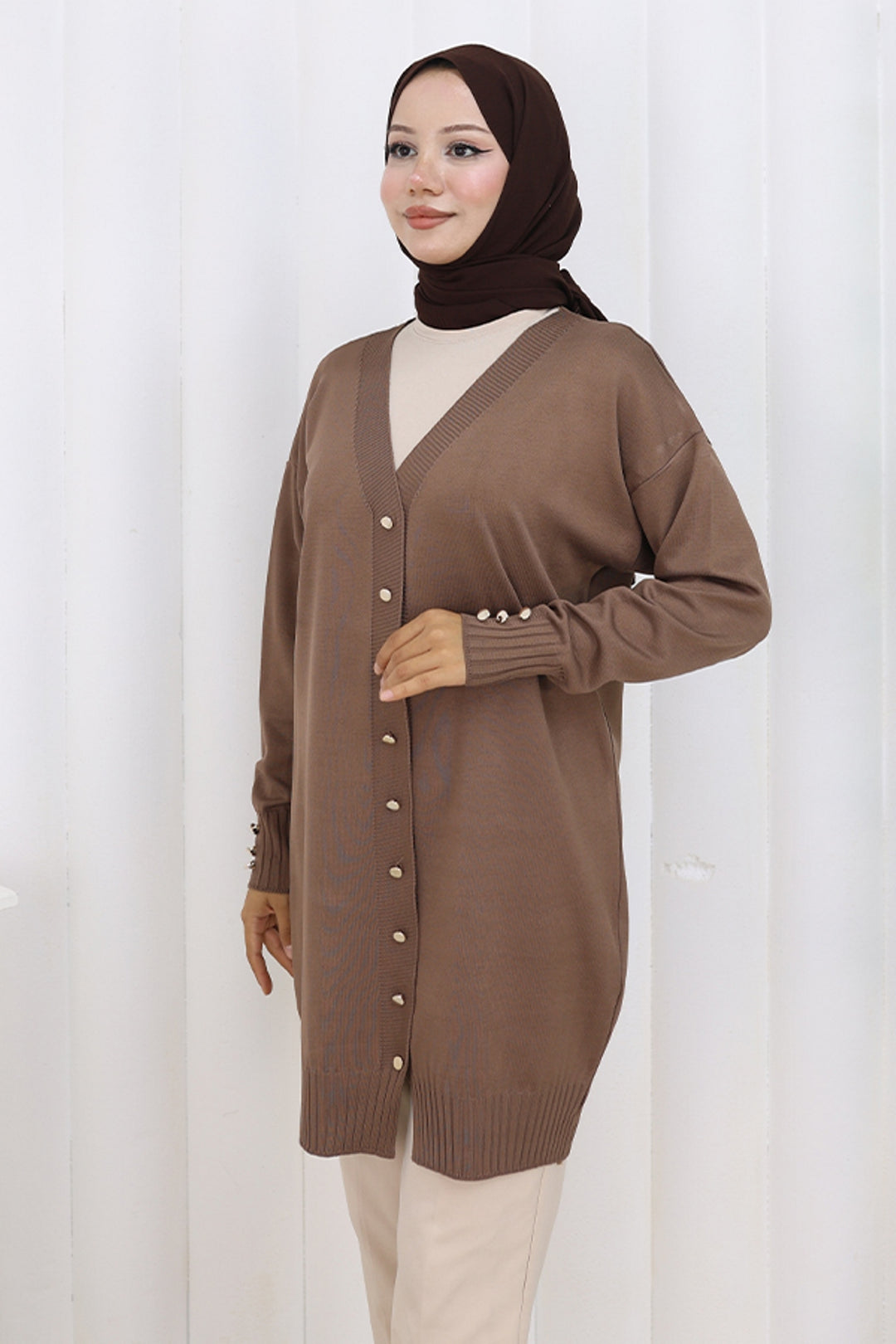 BNG Women Buttoned Long Mercerized Cardigan N3176 Mink - Fishers