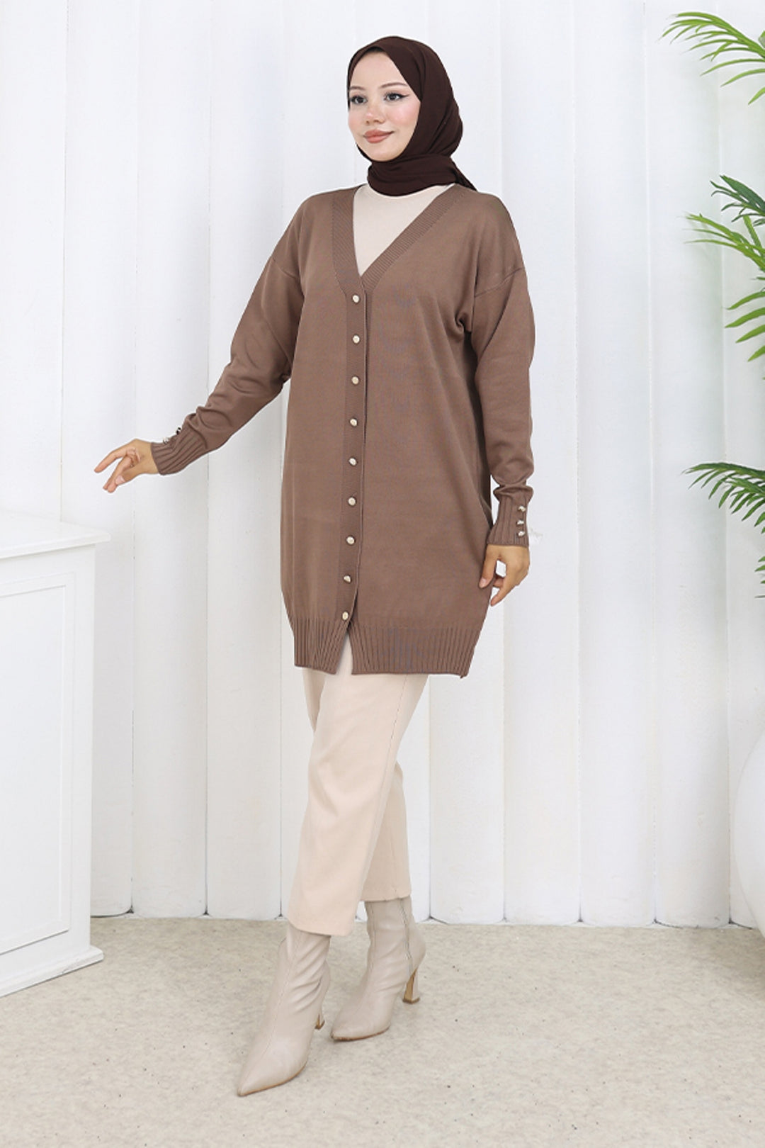 BNG Women Buttoned Long Mercerized Cardigan N3176 Mink - Fishers