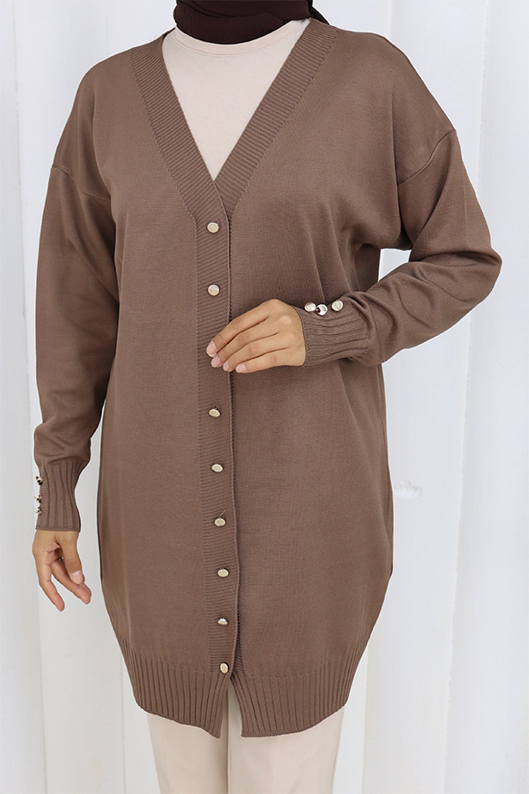 BNG Women Buttoned Long Mercerized Cardigan N3176 Mink - Fishers