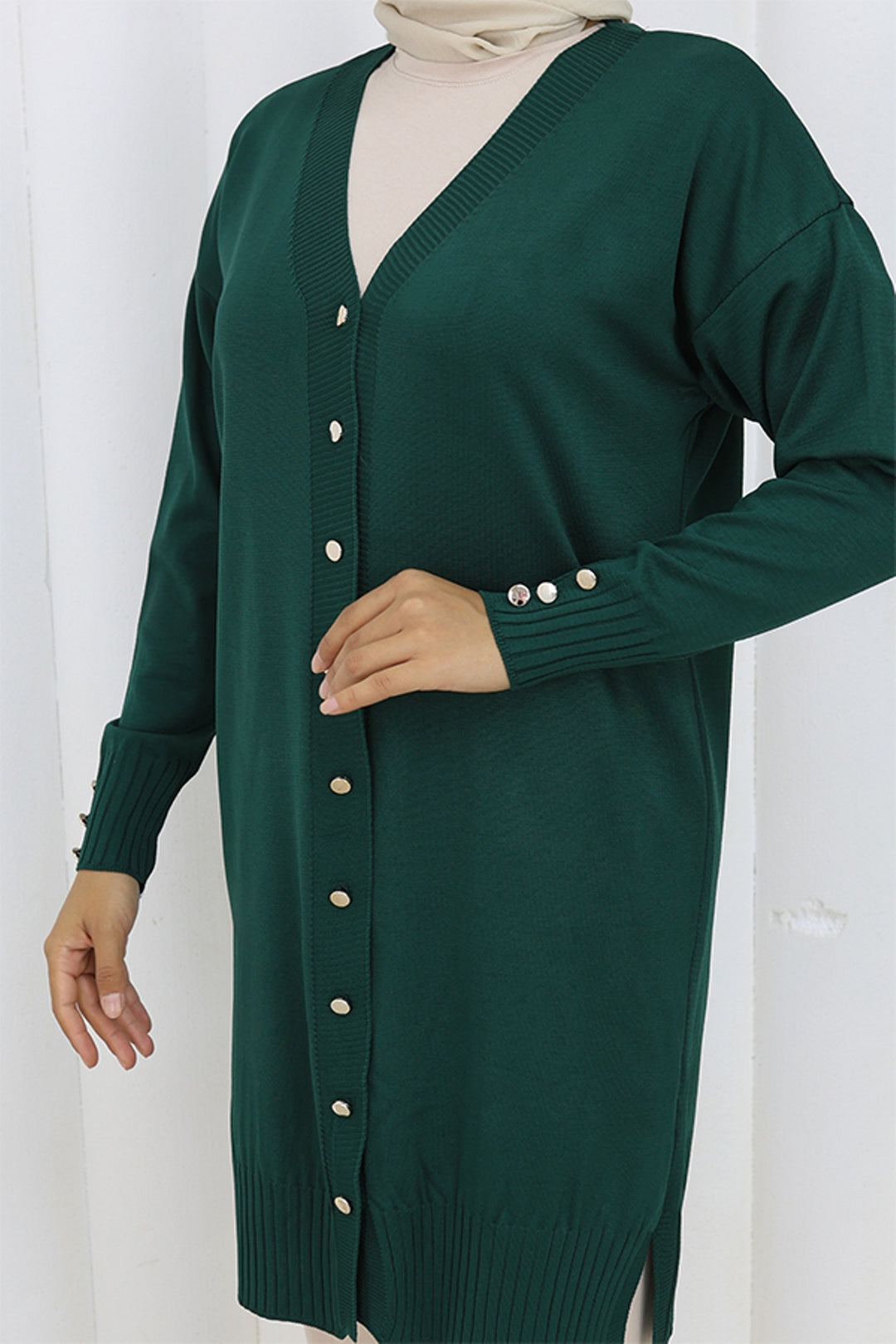 BNG Women Düğmeli Uzun Merserize Hırka N3176 Zümrüt Yeşili - Pamplona