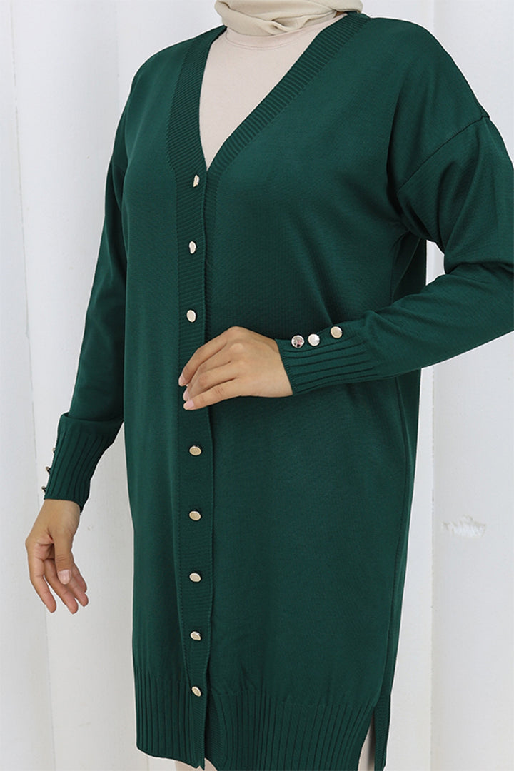 BNG Women Düğmeli Uzun Merserize Hırka N3176 Zümrüt Yeşili - Pamplona