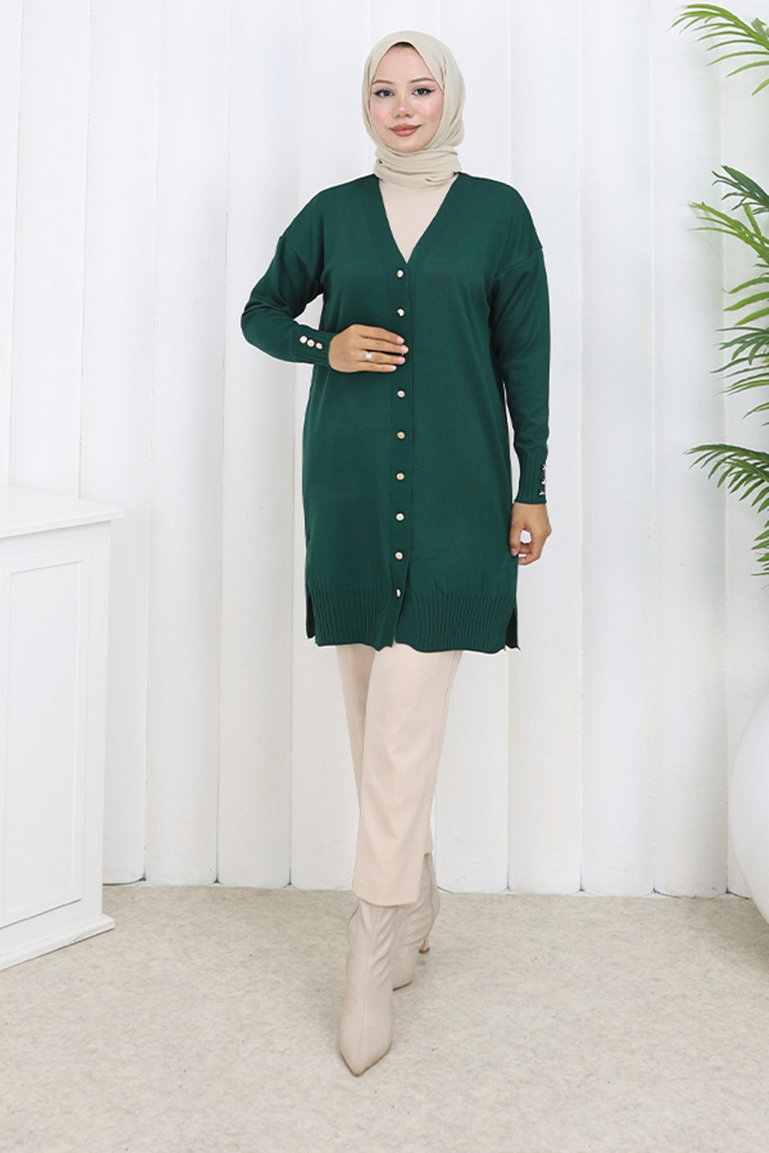 BNG Women Düğmeli Uzun Merserize Hırka N3176 Zümrüt Yeşili - Pamplona