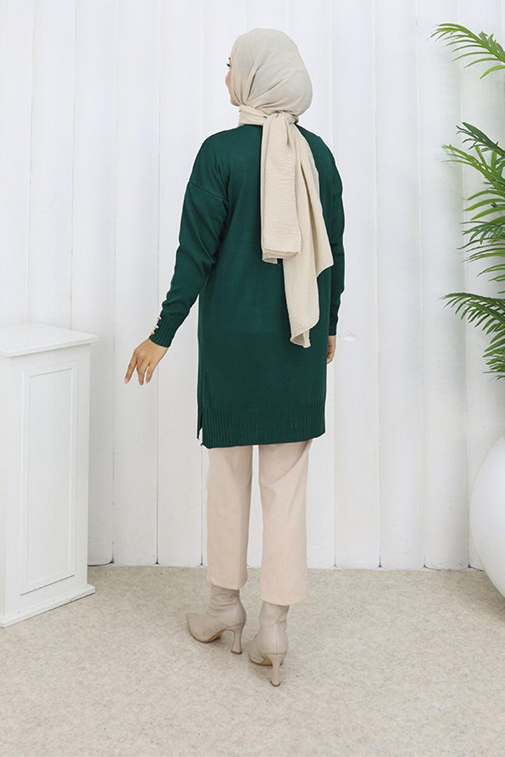 BNG Women Düğmeli Uzun Merserize Hırka N3176 Zümrüt Yeşili - Pamplona