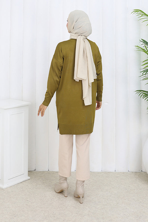 BNG Women Düğmeli Uzun Merserize Hırka N3176 Yağ Yeşili - Dresden