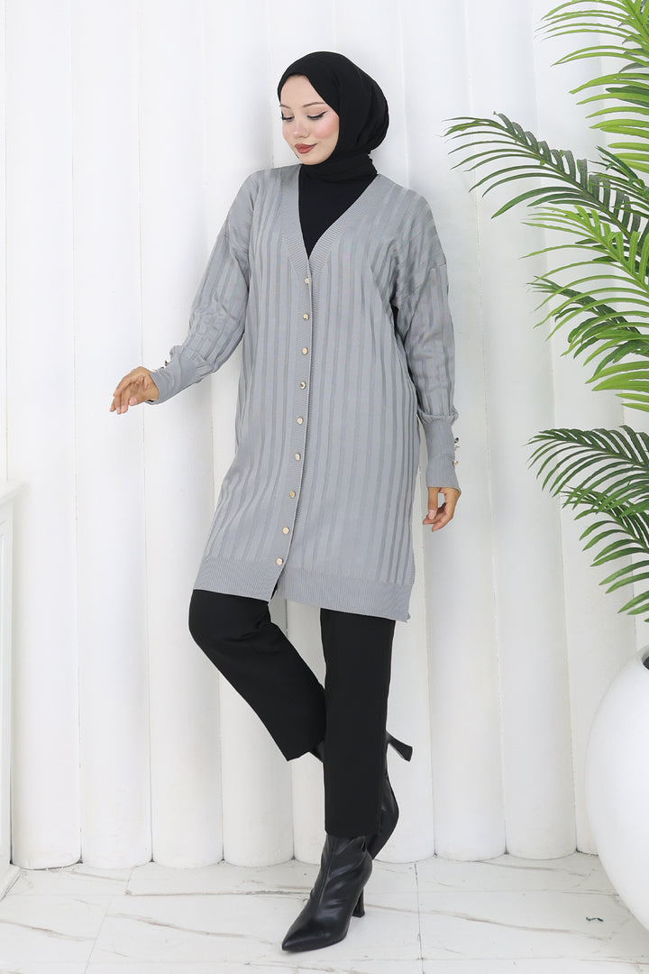 BNG Women Kendinden Çizgili Uzun Merserize Hırka N3179 Gri - Sion