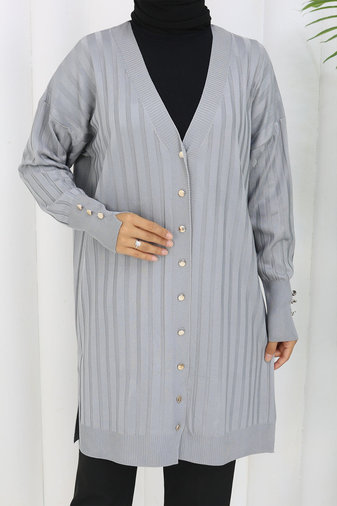 BNG Women Kendinden Çizgili Uzun Merserize Hırka N3179 Gri - Sion