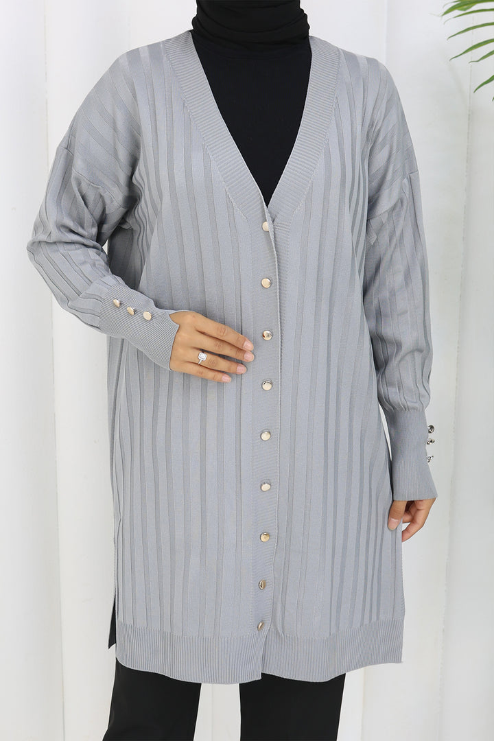 BNG Women Kendinden Çizgili Uzun Merserize Hırka N3179 Gri - Sion