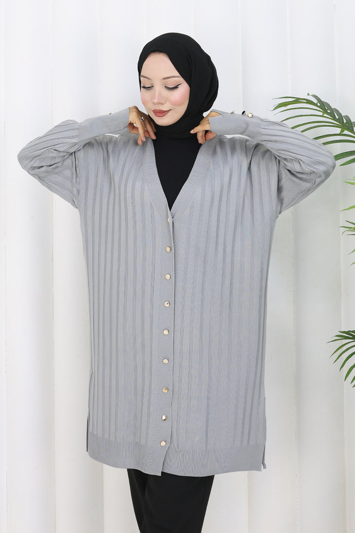 BNG Women Kendinden Çizgili Uzun Merserize Hırka N3179 Gri - Sion