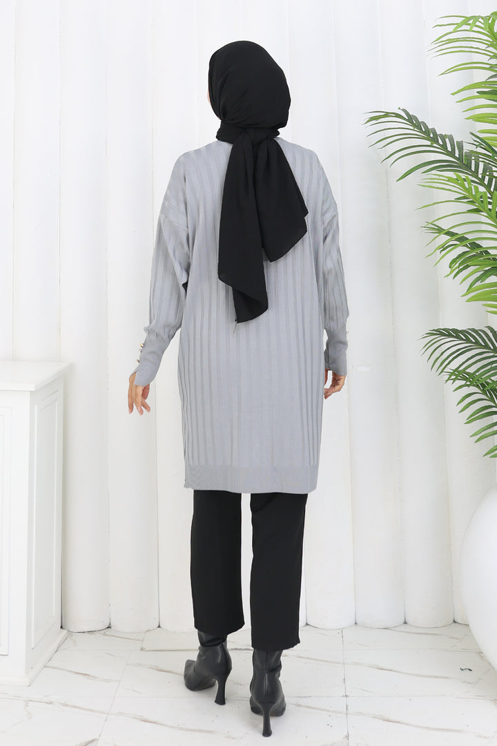 BNG Women Kendinden Çizgili Uzun Merserize Hırka N3179 Gri - Sion