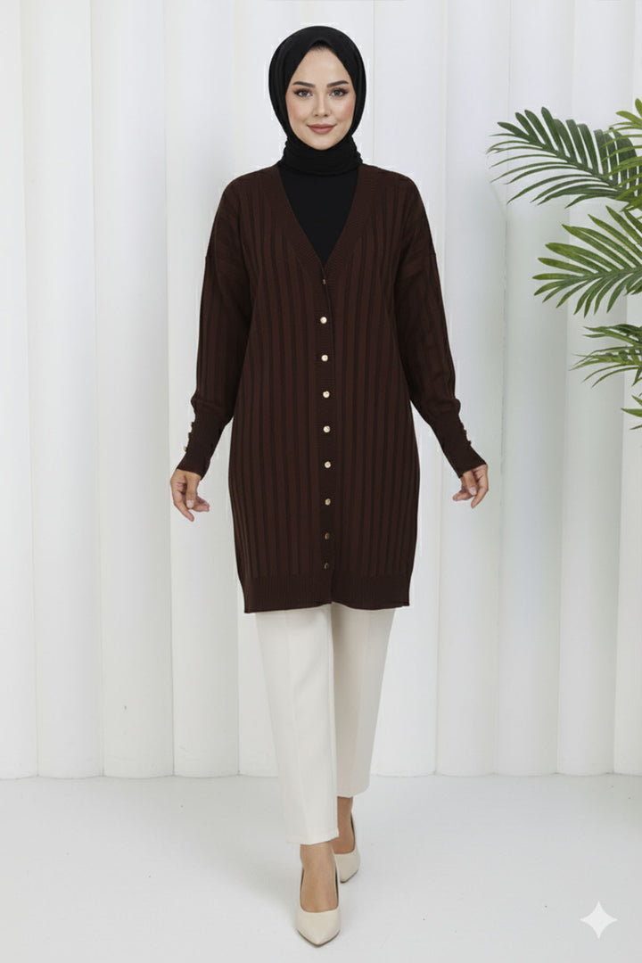 BNG Women Kendinden Çizgili Uzun Merserize Hırka N3179 Kahverengi - Deltona