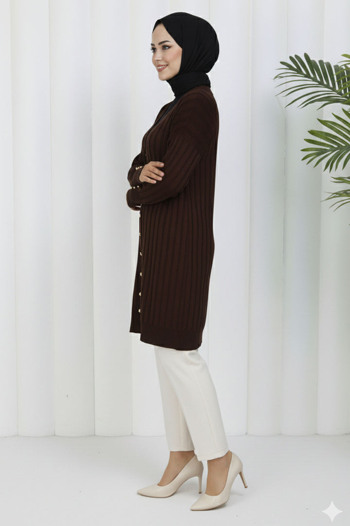 BNG Women Kendinden Çizgili Uzun Merserize Hırka N3179 Kahverengi - Deltona