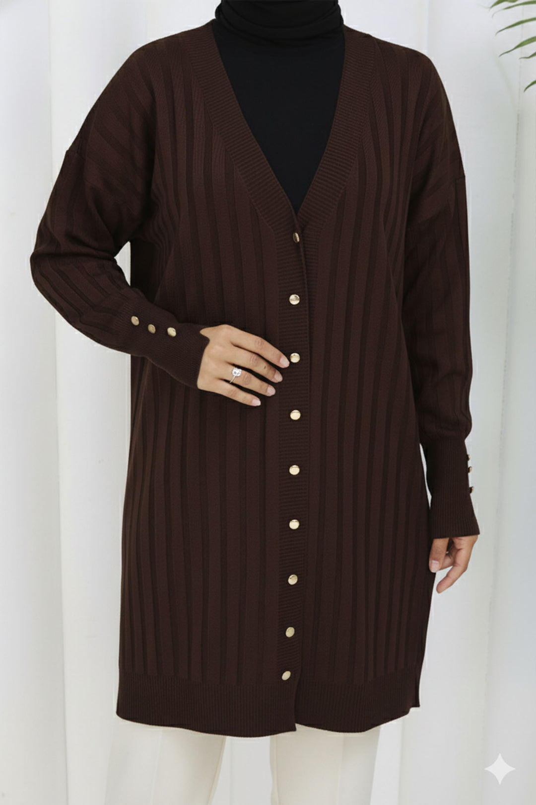 BNG Women Kendinden Çizgili Uzun Merserize Hırka N3179 Kahverengi - Deltona