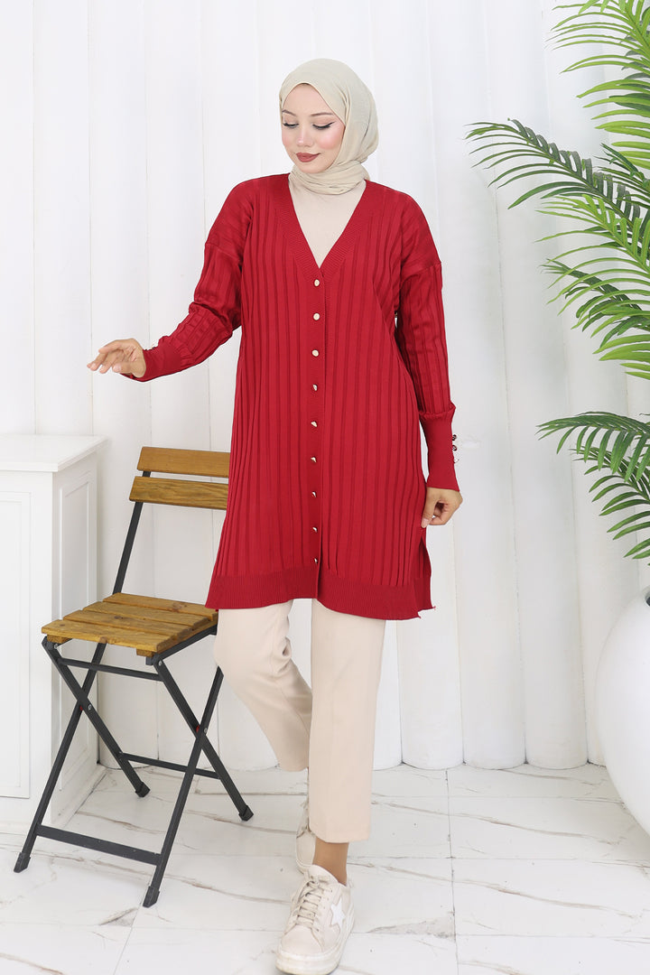 BNG Women Self-Striped Long Mercerized Cardigan N3179 Red - Oaxaca