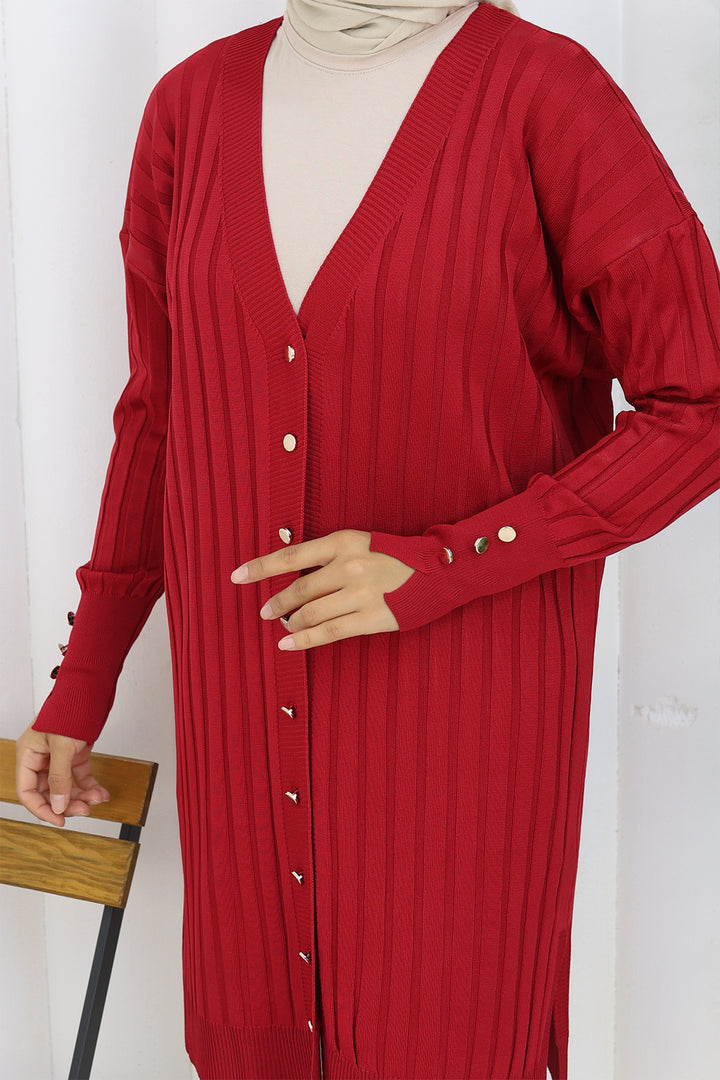 BNG Women Self-Striped Long Mercerized Cardigan N3179 Red - Oaxaca
