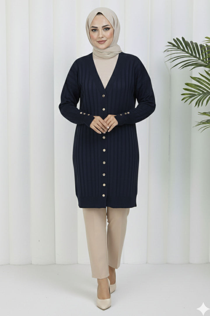 BNG Women Kendinden Çizgili Uzun Merserize Hırka N3179 Lacivert - Wilrijk