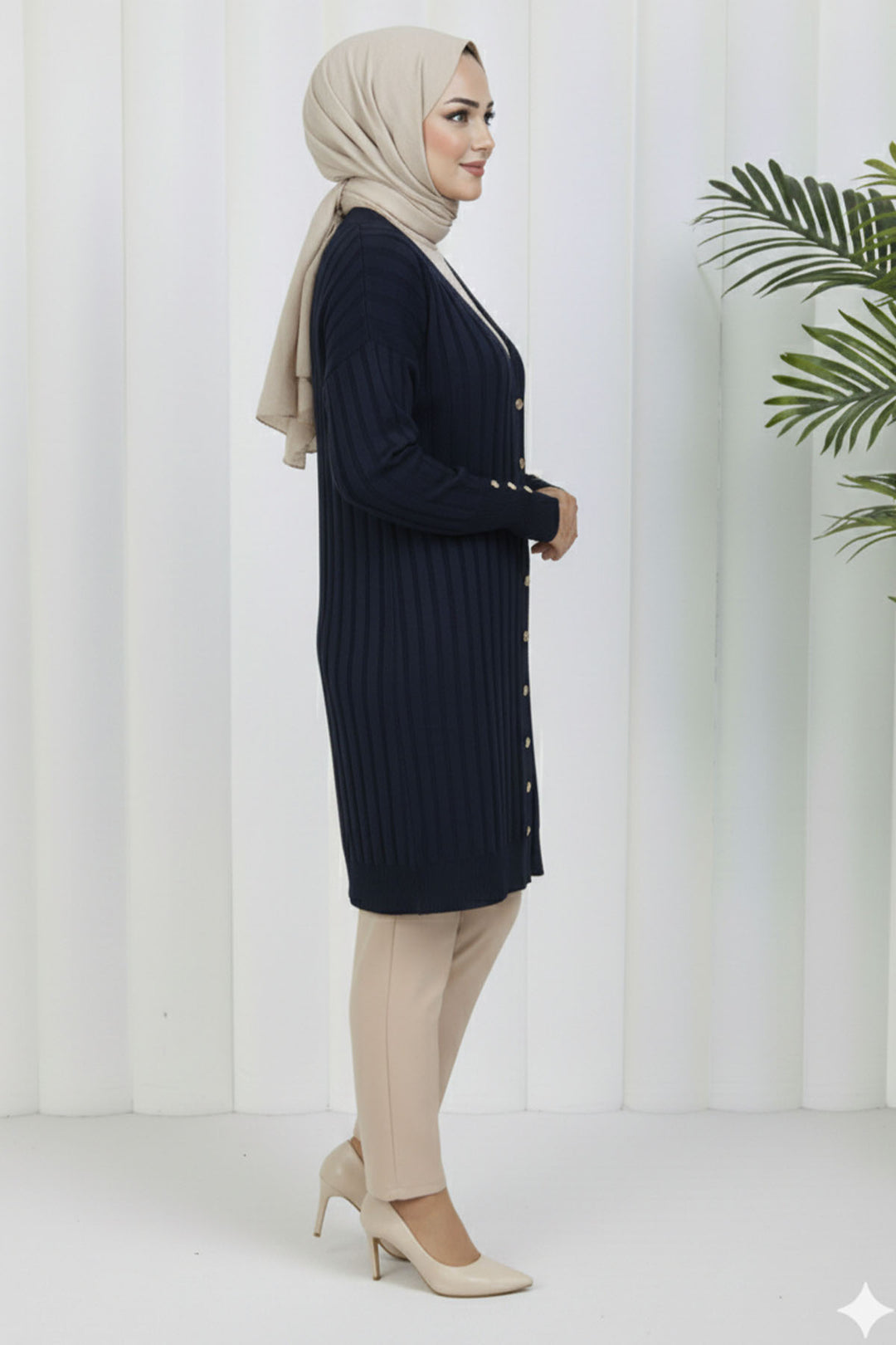 BNG Women Kendinden Çizgili Uzun Merserize Hırka N3179 Lacivert - Wilrijk