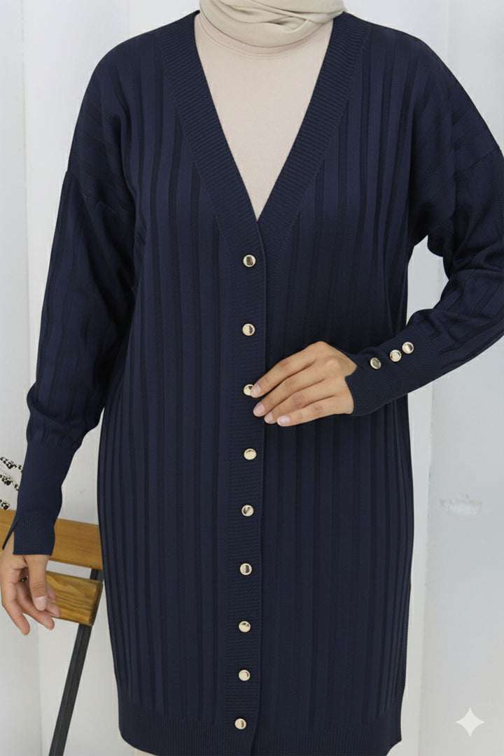 BNG Women Kendinden Çizgili Uzun Merserize Hırka N3179 Lacivert - Wilrijk