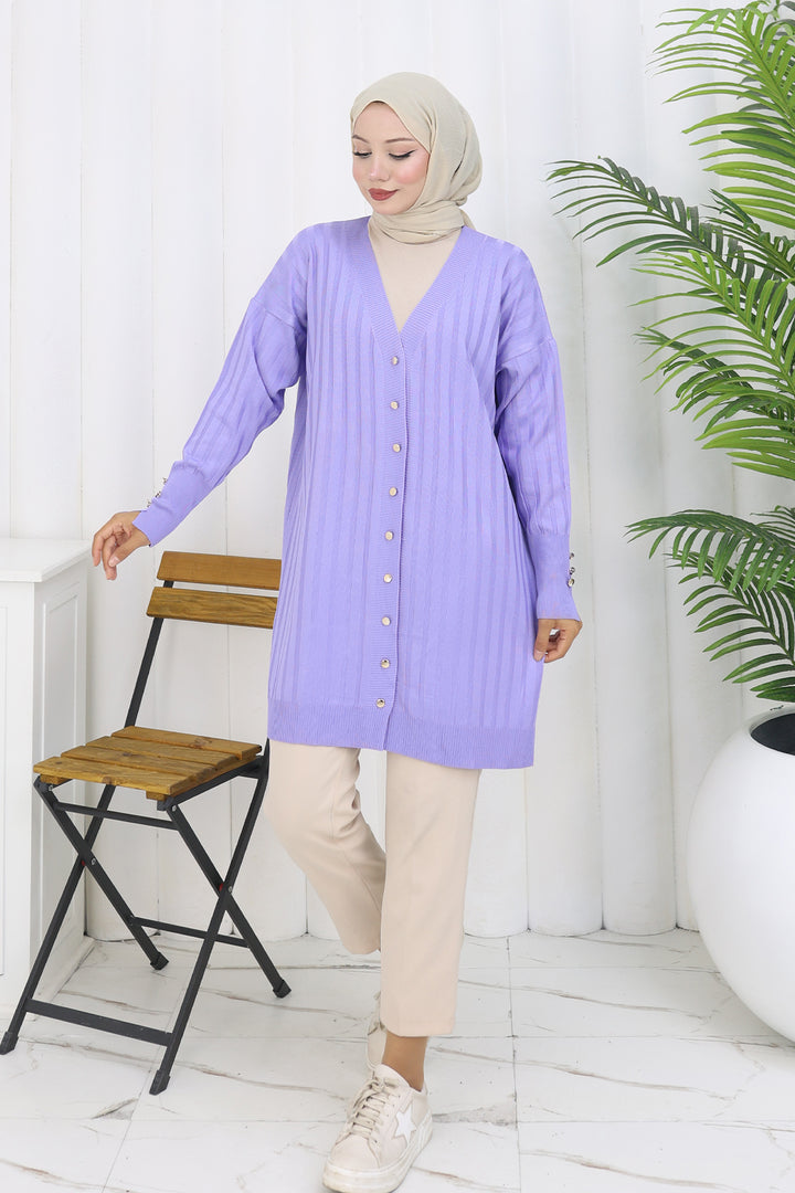 BNG Women Kendinden Çizgili Uzun Merserize Hırka N3179 Lila - Joliette