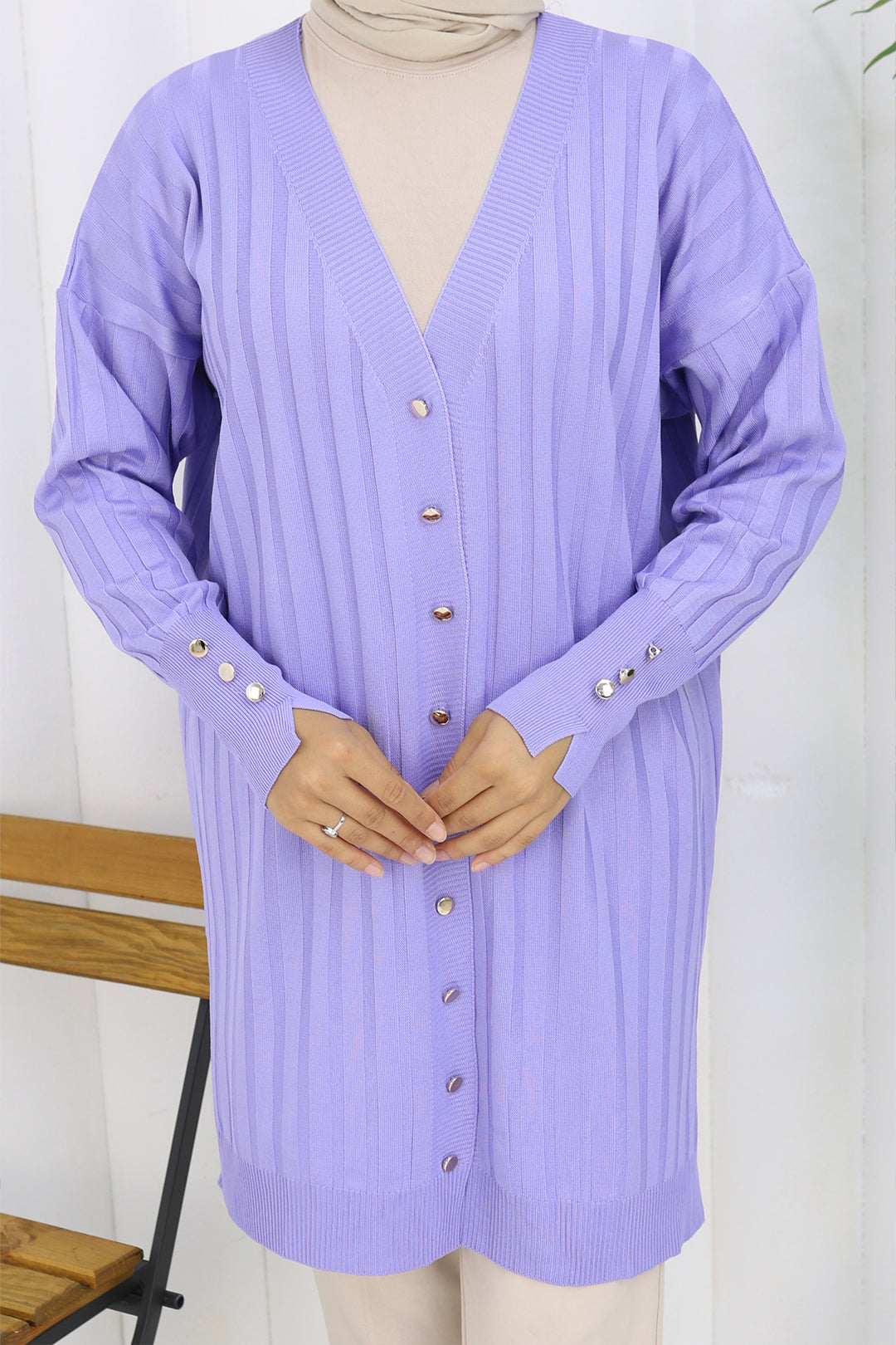 BNG Women Kendinden Çizgili Uzun Merserize Hırka N3179 Lila - Joliette