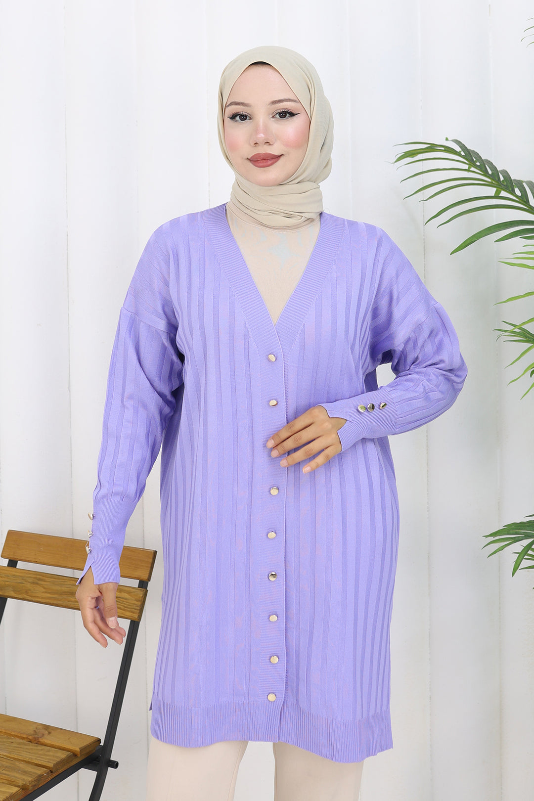 BNG Women Kendinden Çizgili Uzun Merserize Hırka N3179 Lila - Joliette