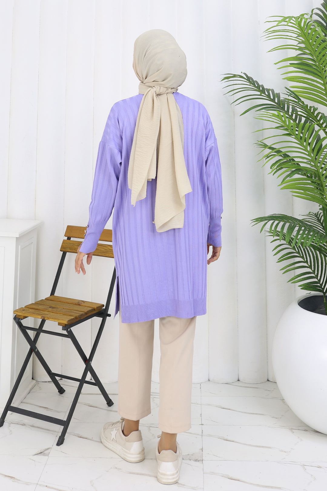 BNG Women Kendinden Çizgili Uzun Merserize Hırka N3179 Lila - Joliette