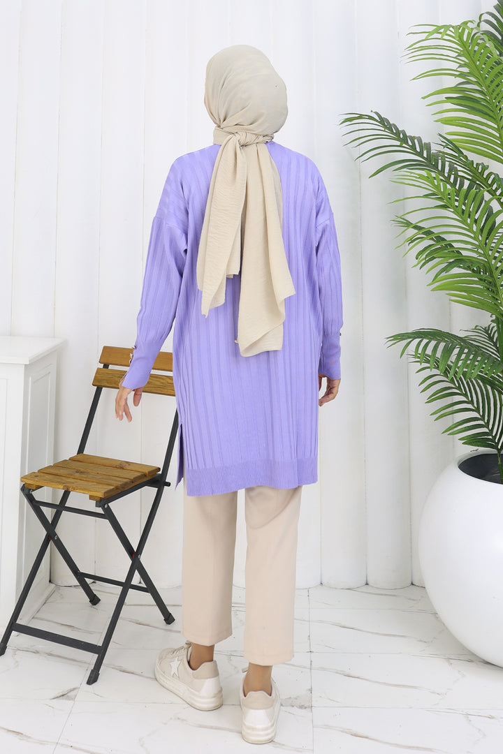 BNG Women Kendinden Çizgili Uzun Merserize Hırka N3179 Lila - Joliette