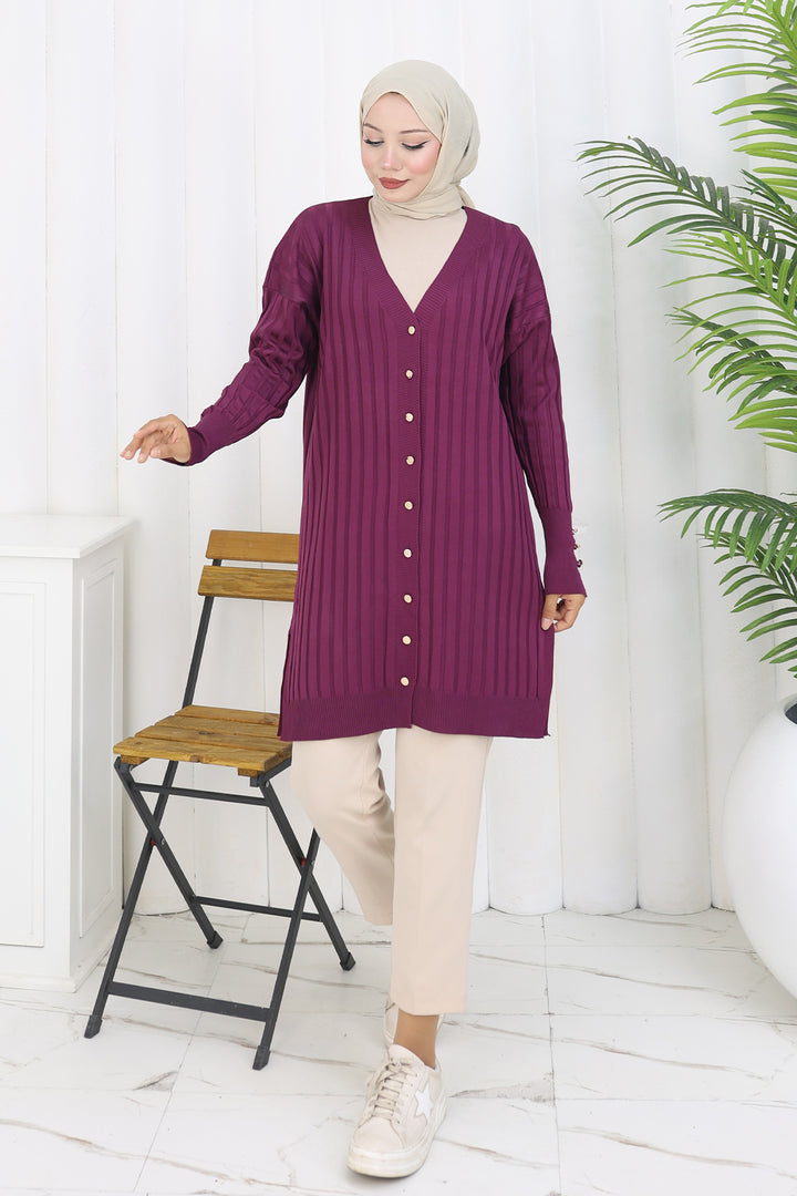 BNG Women Kendinden Çizgili Uzun Merserize Hırka N3179 Mürdüm - Medford