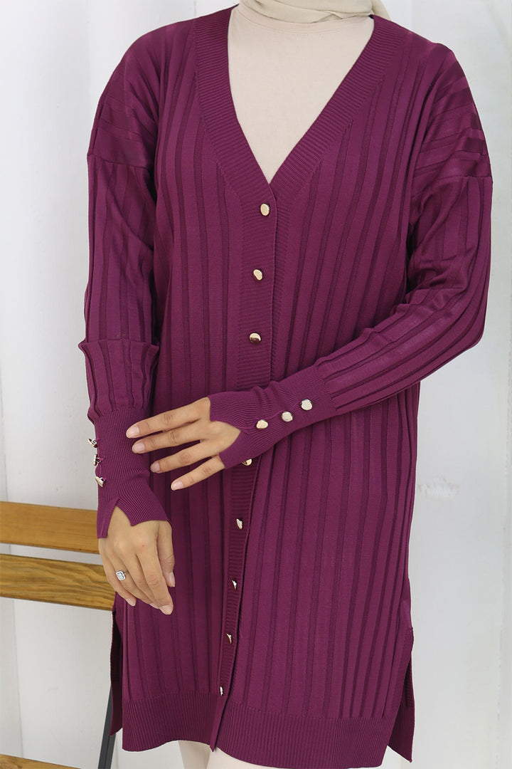 BNG Women Kendinden Çizgili Uzun Merserize Hırka N3179 Mürdüm - Medford