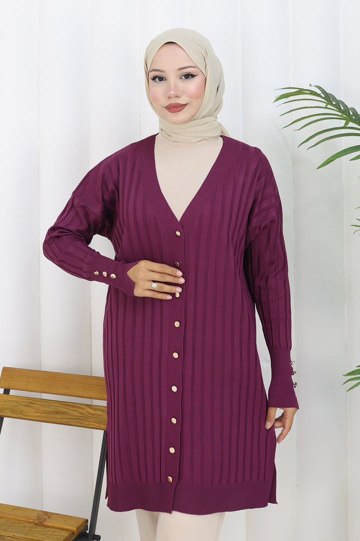 BNG Women Kendinden Çizgili Uzun Merserize Hırka N3179 Mürdüm - Medford