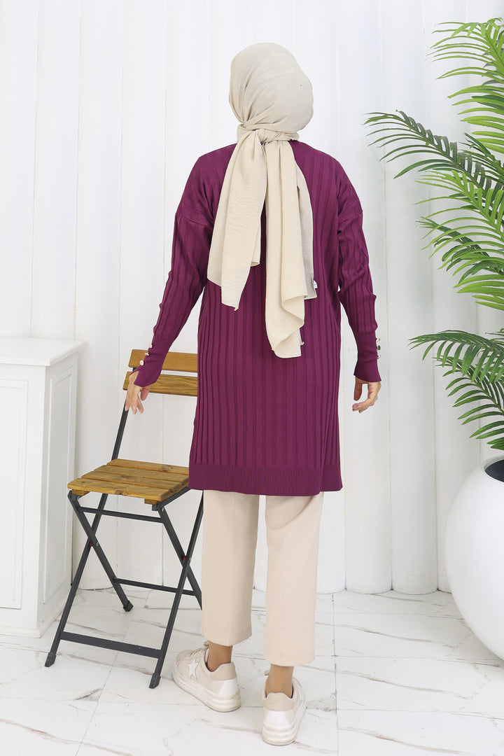 BNG Women Kendinden Çizgili Uzun Merserize Hırka N3179 Mürdüm - Medford